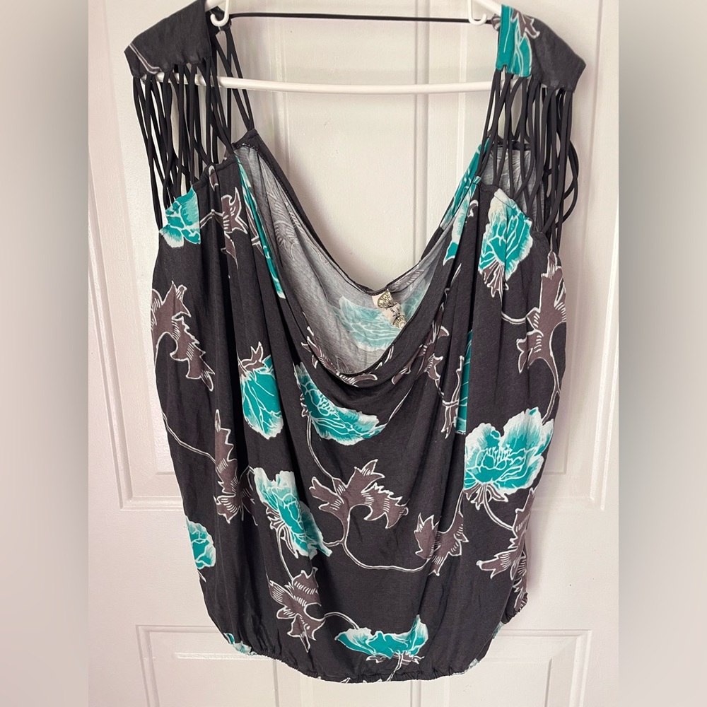 Free people Women's Black Floral Cowl Neck Tank Top - Turquoise Flowers